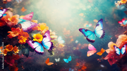 Abstract natural spring background with butterflies and light colorful colorful dark meadow flowers closeup. © ALA
