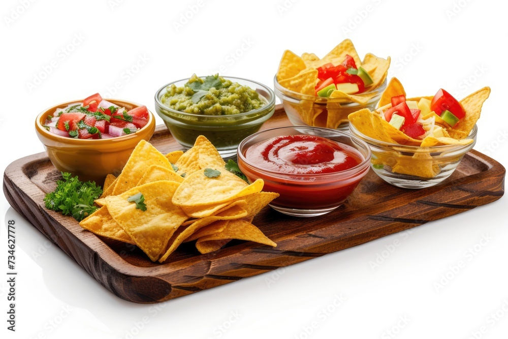 Triangular nachos corn chips with various sauces in small glass bowls on wooden tray