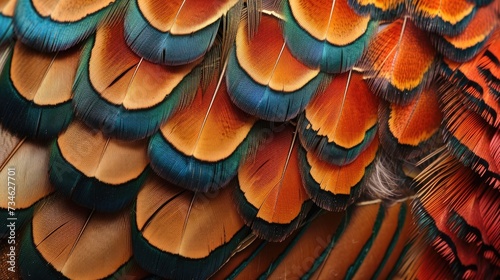 Closeup abstract background image of colorful ring-necked pheasant feathers. photo