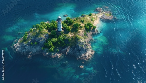 In the heart of the ocean, a small island hosts a lighthouse guiding ships through the waters.