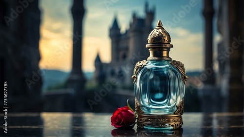 A beautiful glass for womens perfume bottle on statue of athena background from Generative AI