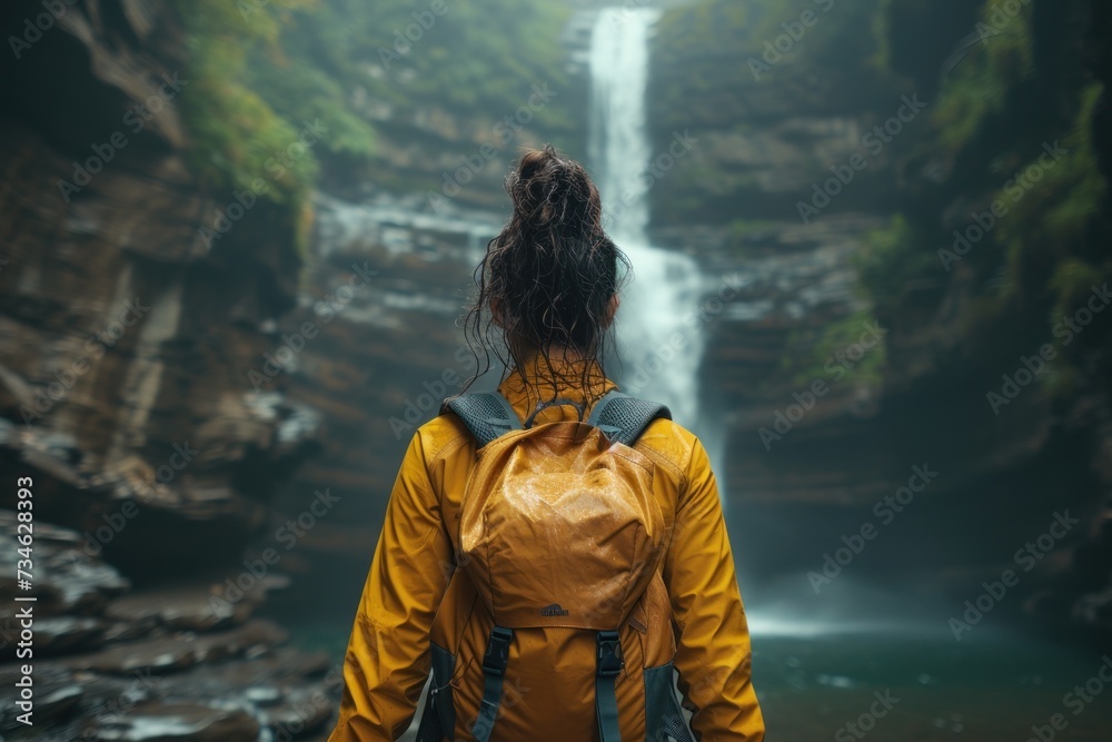 Obraz premium picture of a beautiful young woman in hiking clothes with a backpack on her back walking along a hiking trail near a waterfall Standing and looking at the waterfall in the forest