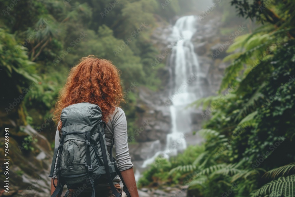 Naklejka premium picture of a beautiful young woman in hiking clothes with a backpack on her back walking along a hiking trail near a waterfall Standing and looking at the waterfall in the forest