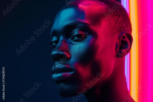 Artistic concept of a young African man in a serious and joyful pose illuminated by vibrant neon lights against a black backdrop