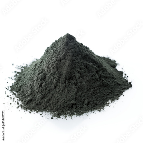 close up pile of finely dry organic fresh raw nori seaweed powder isolated on white background. bright colored heaps of herbal, spice or seasoning recipes clipping path. selective focus