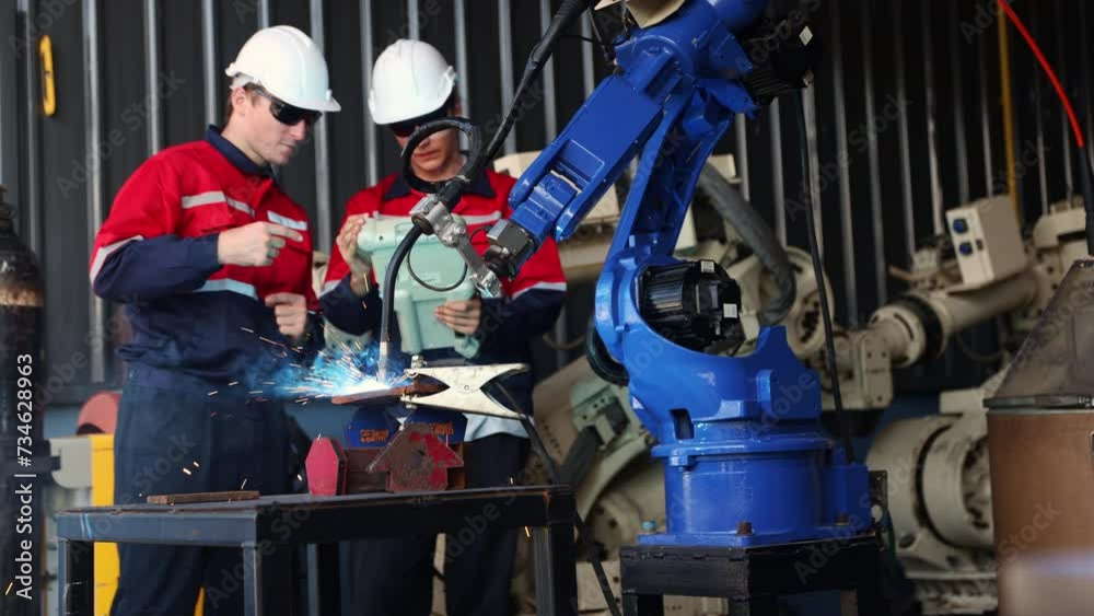 Team mechanical engineers wearing protective goggles operates welding robot arm testing modern steel plate electric welding and industrial technology control remote control system expert technician. Team mechanical engineers wearing protective goggles operates welding robot arm testing modern steel plate electric welding and industrial technology control remote control system expert technician.