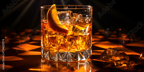  A Manhattan cocktail surrounded by ice cubes in a crystal-clear glass on growing floor and dark background 