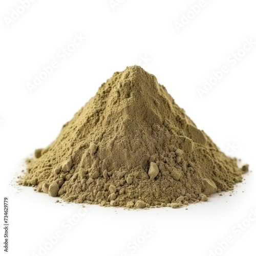 close up pile of finely dry organic fresh raw olive powder isolated on white background. bright colored heaps of herbal, spice or seasoning recipes clipping path. selective focus
