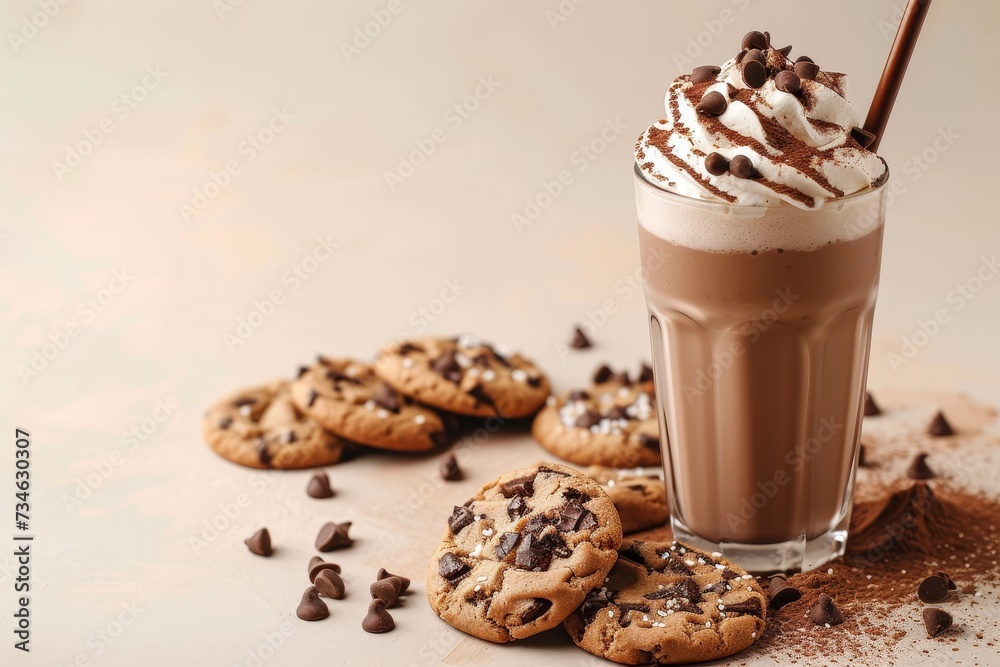Chocolate milkshake and cookies on beige table with glass Chocolate milkshake and cookies on beige table with glass