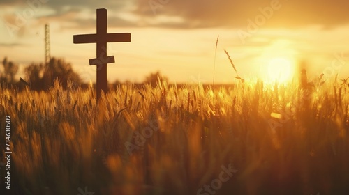 Cross in Field at Sunset, Symbol of Peace and Serenity in Natur