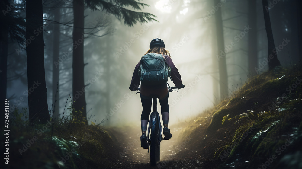Cyclist Riding Through Misty Forest Path at Dawn. Outdoor Adventure Concept