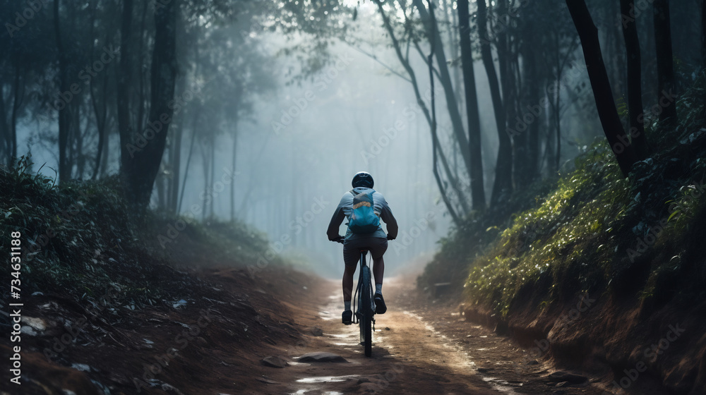Obraz premium Cyclist Riding Through Misty Forest Path at Dawn. Outdoor Adventure Concept