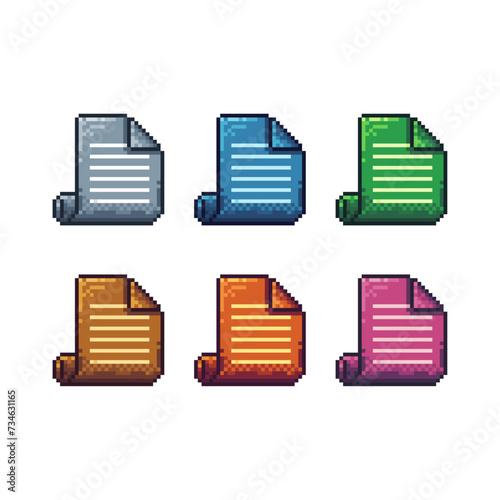 Pixel art sets icons of roll of paper variations in color. Roll of paper icon in pixelated style. 8-bit Illustration,for design asset elements, game UIs, and mobile apps,vector icon collection.
