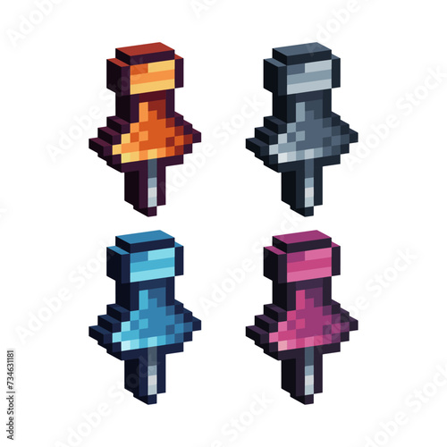 Isometric Pixel art 3d of pin point paper icon for items asset. Isolated pin icon on pixel bits style.8-bits perfect for game asset,design asset element,app,website, Vector illustration.
