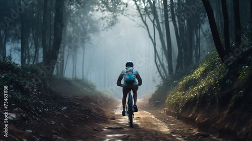 Cyclist Riding Through Misty Forest Path at Dawn. Outdoor Adventure Concept © AspctStyle