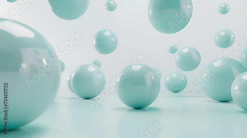 3D render of transparent blue bubbles with reflections, floating in a soft blue environment. 