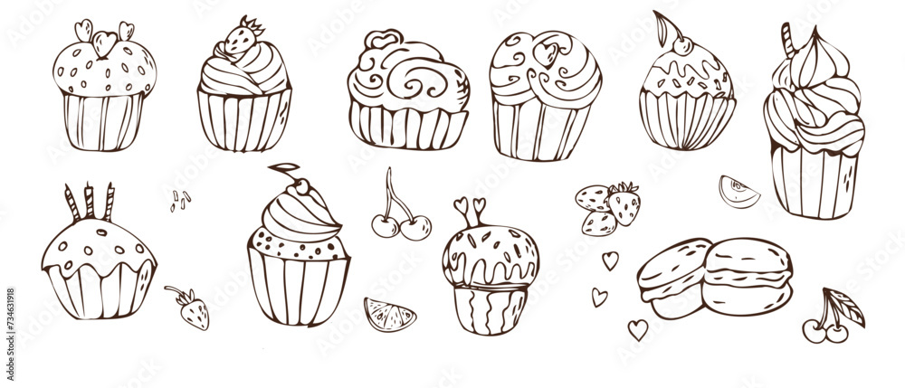 Doodle cupcake - sweet food icons isolated