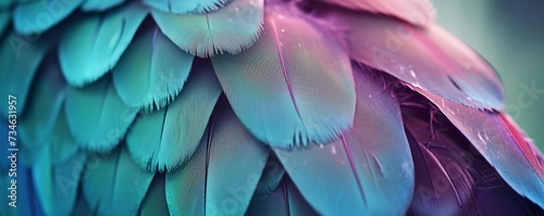 Close up of beautiful bird feathers of Blue and Purple, exotic natural textured background in different blue colors and green, Brazil photo
