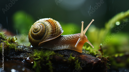 Snail in the green forest, Macro picture of a snail climbing on beautiful green Moss in the rain forest, A close up of slow-moving snail with a brown shell crawls on a leaf
