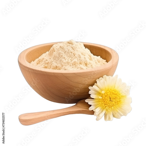 pile of finely dry organic fresh raw chrysanthemum flower powder in wooden bowl png isolated on white background. bright colored of herbal, spice or seasoning recipes clipping path. selective focus