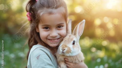 Happy little girl is holding a little rabbit bunny on blurred outdoor spring field, copy space, concept of furry friends, spring, Easter Day. © JW Studio