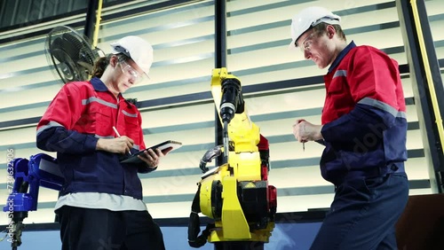 eam male engineers technicians prakong inspects service electric welding robot screwdriver check tightness structure and enter maintenance information digital tablet record information workshop. photo