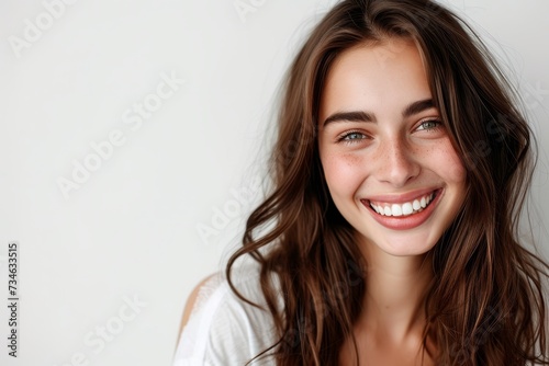 Close up portrait of cute brunette woman with a genuine smile and white teeth looking directly into the camera isolated on a white background