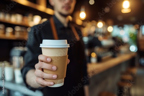 Coffee shop barista holding a takeaway cup of coffee on the counter