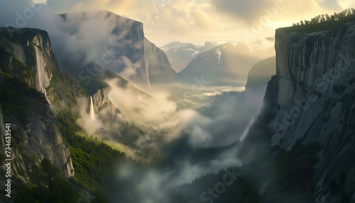 Morning light pierces through the mist in a majestic valley, illuminating the rugged cliffs and dense forests with a mystical glow