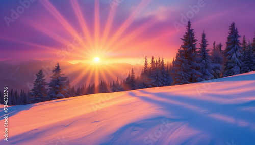 The sun rises over a snowy landscape, sending radiant beams of light across the frost-covered trees and the undisturbed snow