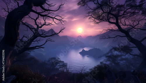 As the sun sets behind the mountains, its glow casts a magical pink and purple light over a tranquil lake, framed by the silhouetted branches of bare trees under a star-speckled sky © Seasonal Wilderness