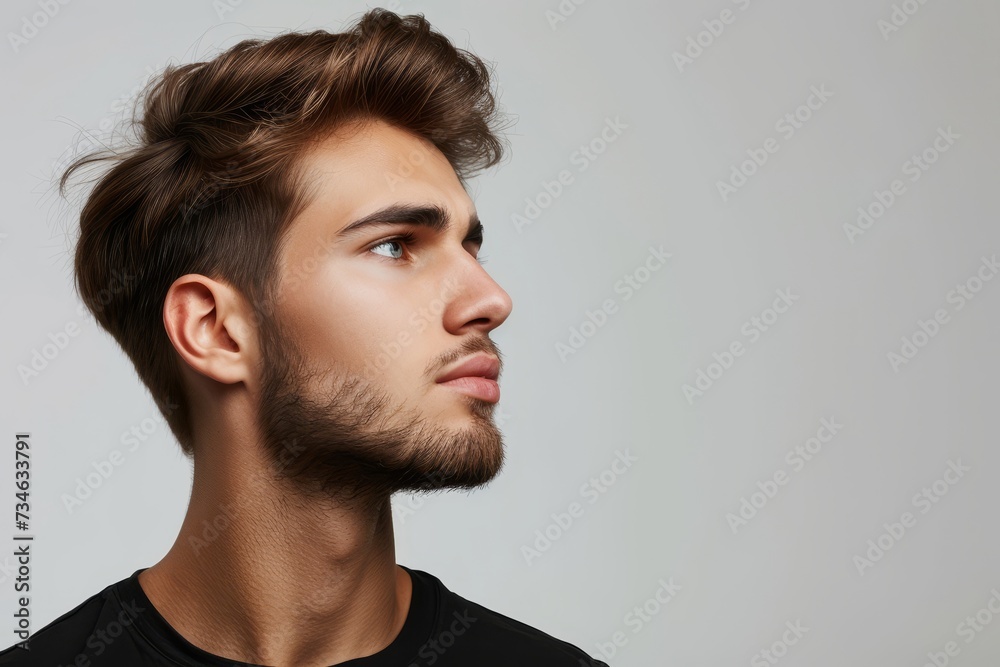 Attractive man alone on white backdrop gazing to the side Attractive man alone on white backdrop gazing to the side