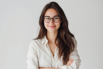 Brunette woman with glasses smiling and posing with crossed arms looking at the camera on a white background