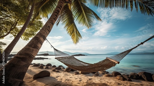 Hammock Between Palm Trees on Beach, Relaxation and Tranquility by the Shoreline