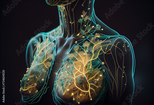 Lymphatic drainage from upper body, labeled. Generative AI