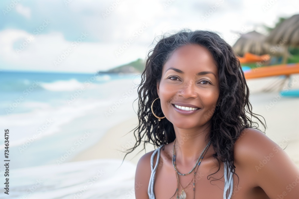 Smiling attractive beautiful black mature woman posing at the beach ...