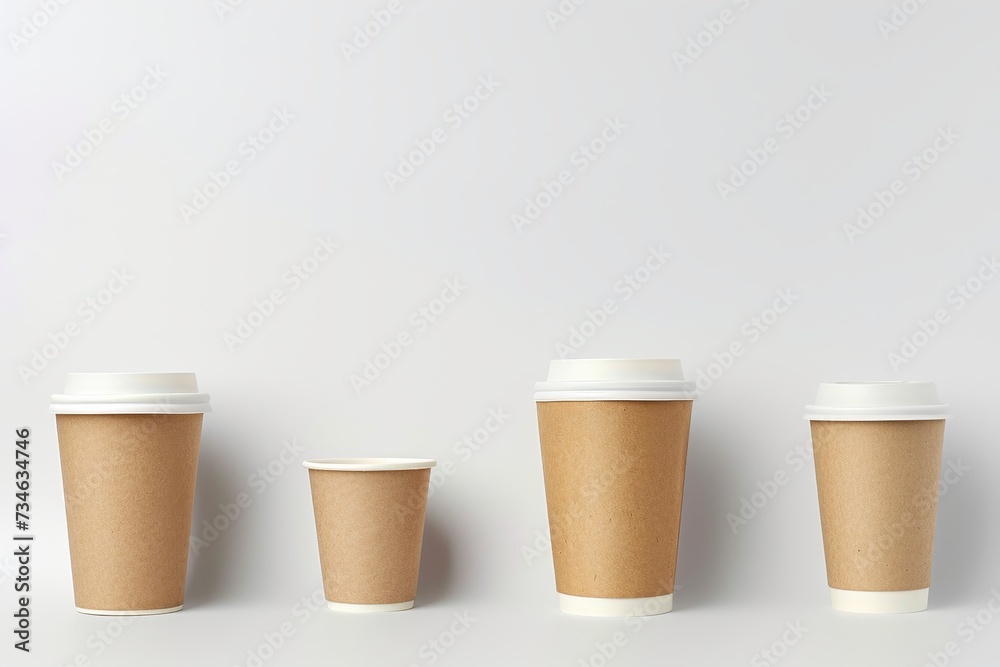 Collage of various sized paper coffee cups white background Collage of various sized paper coffee cups white background