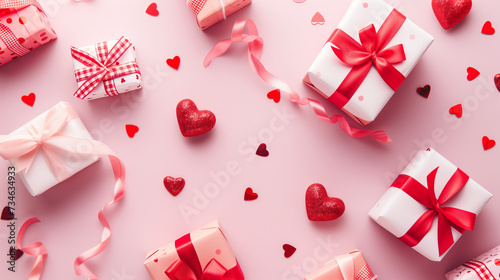 valentines greeting card with hearts and gifts on pink background