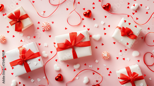 valentines greeting card with hearts and gifts on pink background