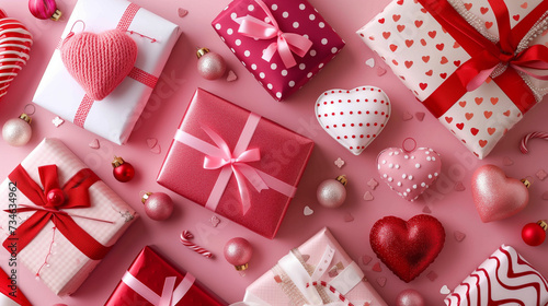 valentines greeting card with hearts and gifts on pink background