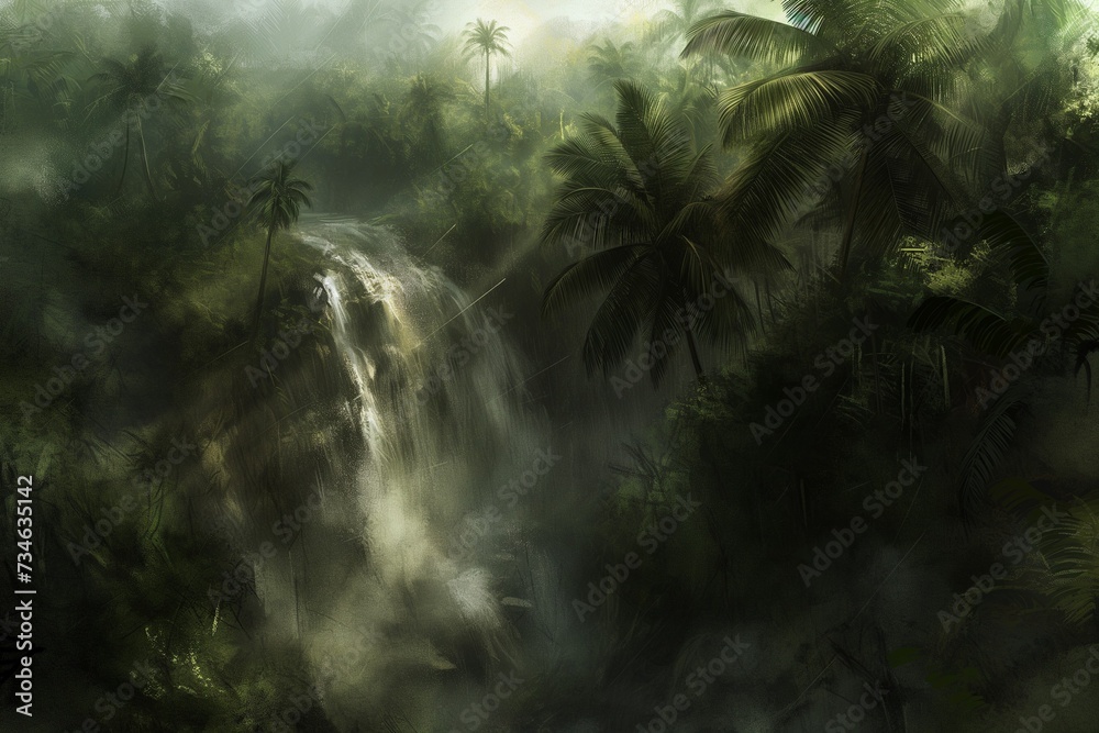 Dramatic backdrop of a roaring waterfall in a lush jungle, perfect for an adventurous and dynamic wallpaper. Generative AI