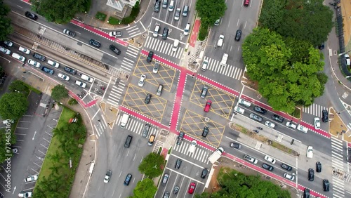 Reboucas Avenue At Sao Paulo Brazil. Crossing Persons. Business Sky Background Downtown Cityscape. Business Outside Downtown Backgrounds Panoramic City. photo