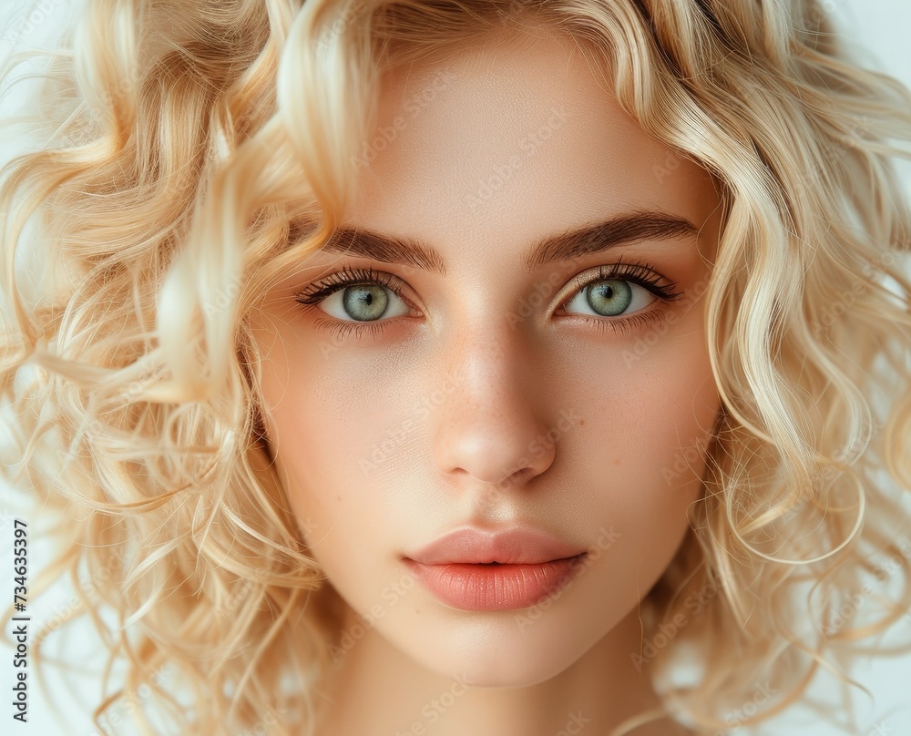 Blonde model with curly hair perfect on white background Blonde model with curly hair perfect on white background