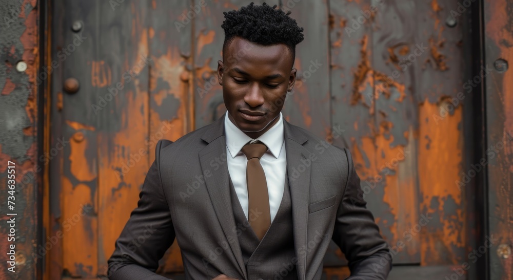 An elegant African American businessman adjusts his suit by fastening his jacket An elegant African American businessman adjusts his suit by fastening his jacket