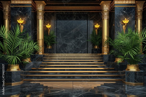 Art Deco interior, featuring geometric patterns and metallic accents, exuding elegance and sophistication. Generative AI