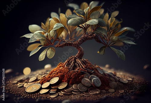 Money illustration. Rostock and coins. Money sprouts from the ground. Money Tree. Generative AI