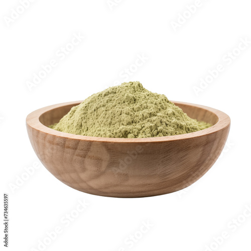 pile of finely dry organic fresh raw alfalfa powder in wooden bowl png isolated on white background. bright colored of herbal, spice or seasoning recipes clipping path. selective focus photo