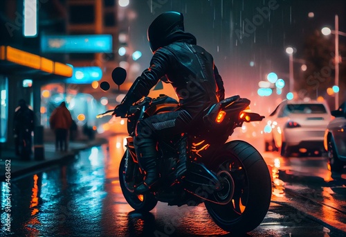 a person riding a motorcycle on a city street at night with bright lights on the wheels and a helmet on the back of the motorcycle.  generative ai © Endellion