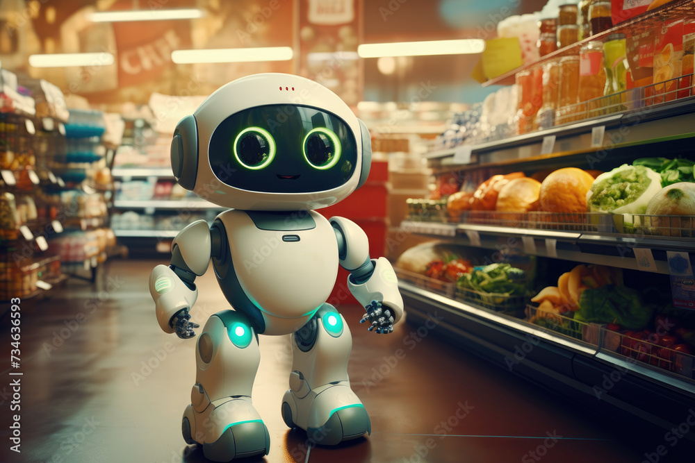 Super cute Robot in the supermarket buying vegetables, Delivery concept, effortlessly holding a basket brimming with fruits and vegetables in a grocery store,  Ai generated