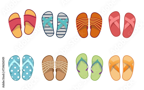 Vector summer slippers set, flat design. Vietnamese flip flops on white background. Vietnamese slates shoes for beach. Flip flops summer shoes illustration, view from above.